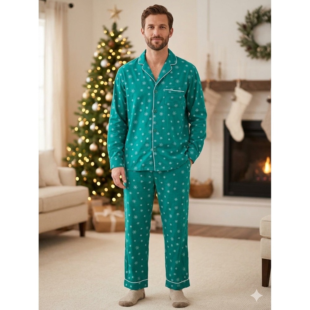 Petite Plume Mens Green Snowflake Flannel Pajama Set Cotton Sleepwear Large